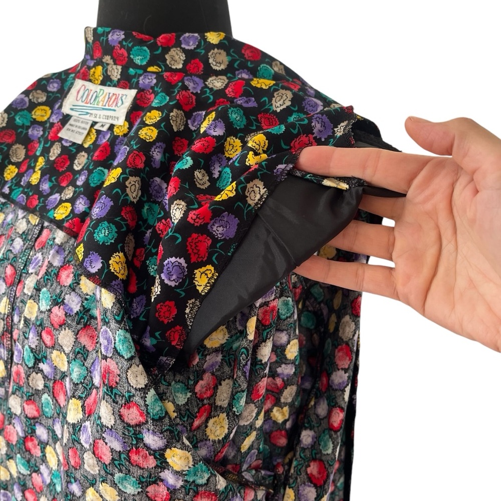 Vintage Colorayons multicolor floral blazer black single breasted oversized M - Picture 12 of 13